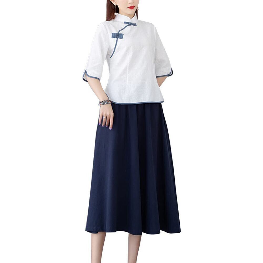 6667 Tang Dress Outfit Mandarin Collar Qipao Top Tea Length Skirt 19th